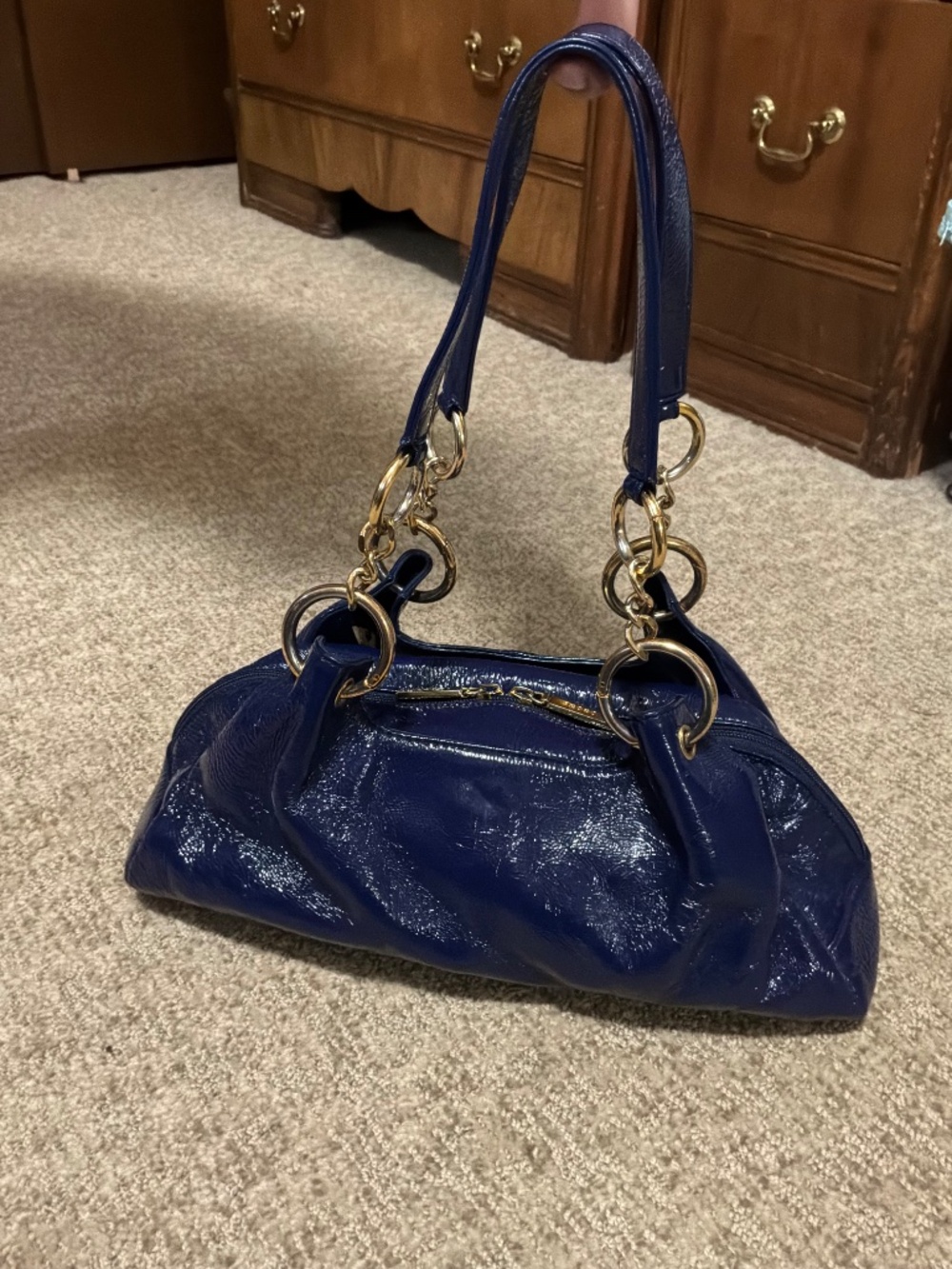 HOBO Y2K Blue Leather Shoulder Bag with Gold Accents EUC